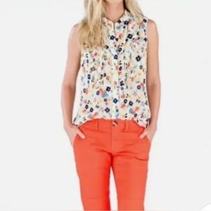 Cabi #6108 Multicolor Floral Button Up Ruffled Sleeveless Sheer Blouse. M.